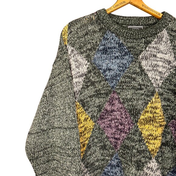 Vintage 90s Argyle Knit Sweater Wool Blend Green Eclectic Clothing - Picture 2 of 8
